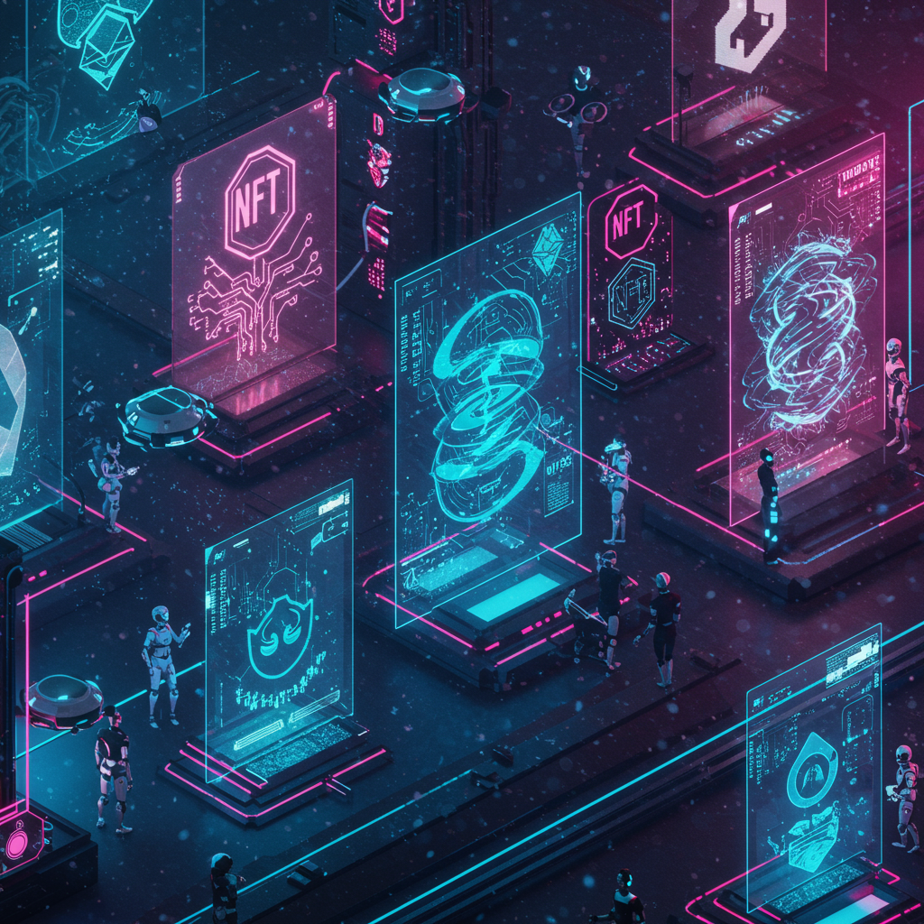 A vibrant digital marketplace bustling with unique ethscriptions, blending futuristic art