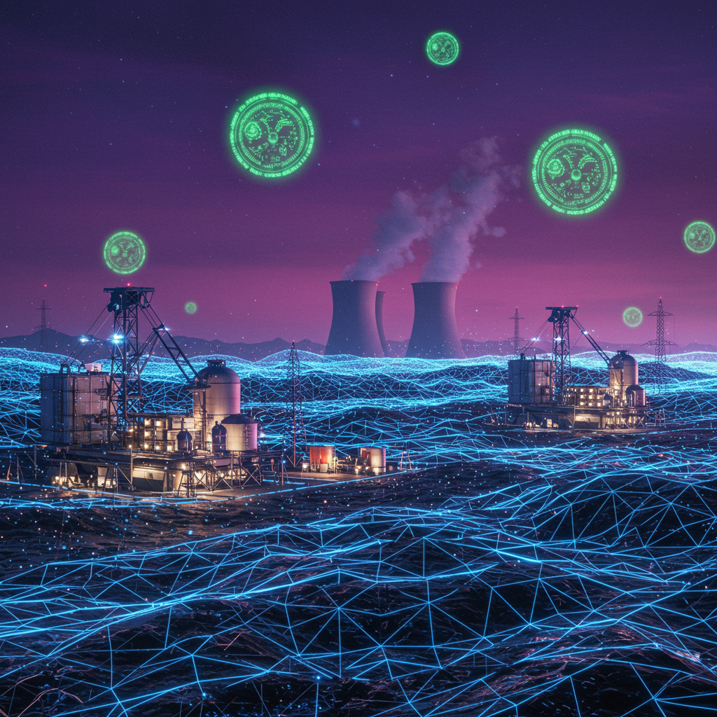 A futuristic landscape showcasing a vibrant energy grid powered by nuclear mining, with gl