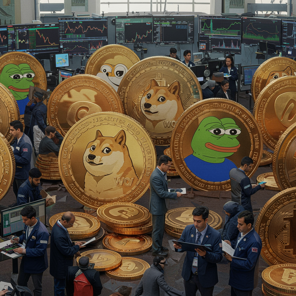 A vibrant marketplace scene with giant coins featuring popular meme characters, surrounded