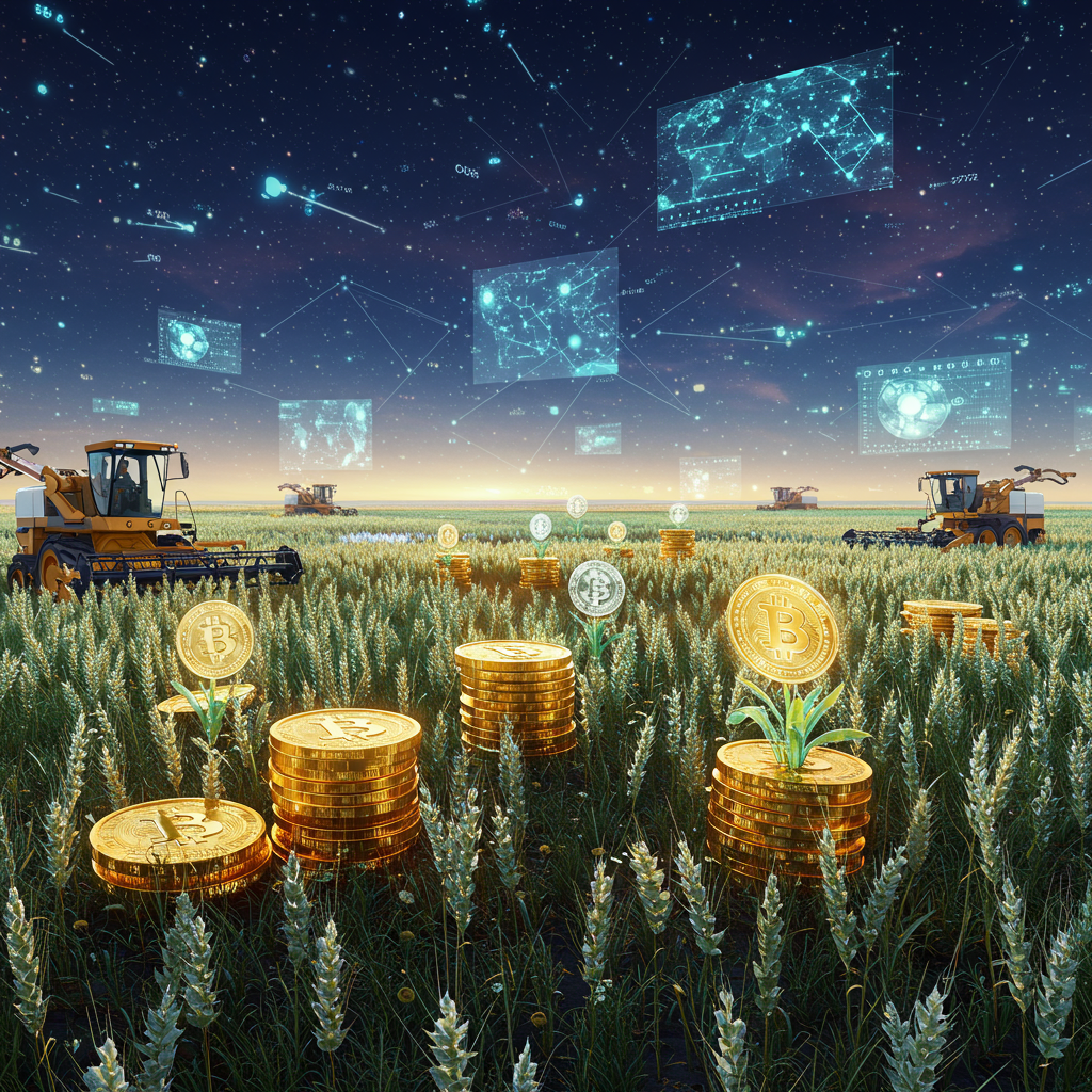 A digital landscape featuring a futuristic farming scene with glowing data streams, stacke
