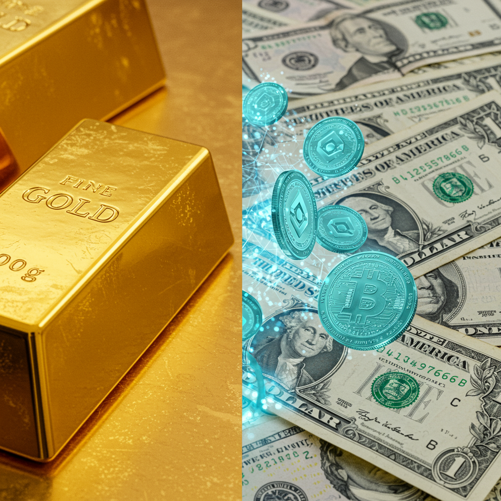 A split image showing a gleaming gold bar on one side, and a stack of T-bill certificates