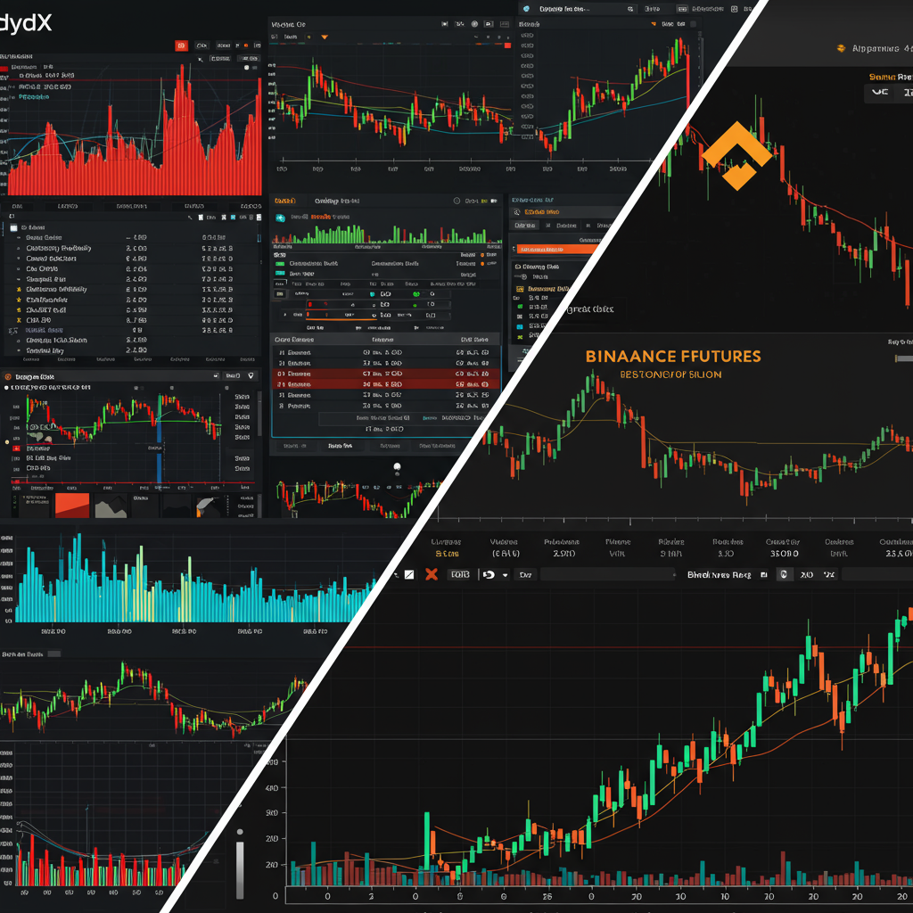 A dynamic split-screen image showcasing dYdX's vibrant trading interface on one side, cont