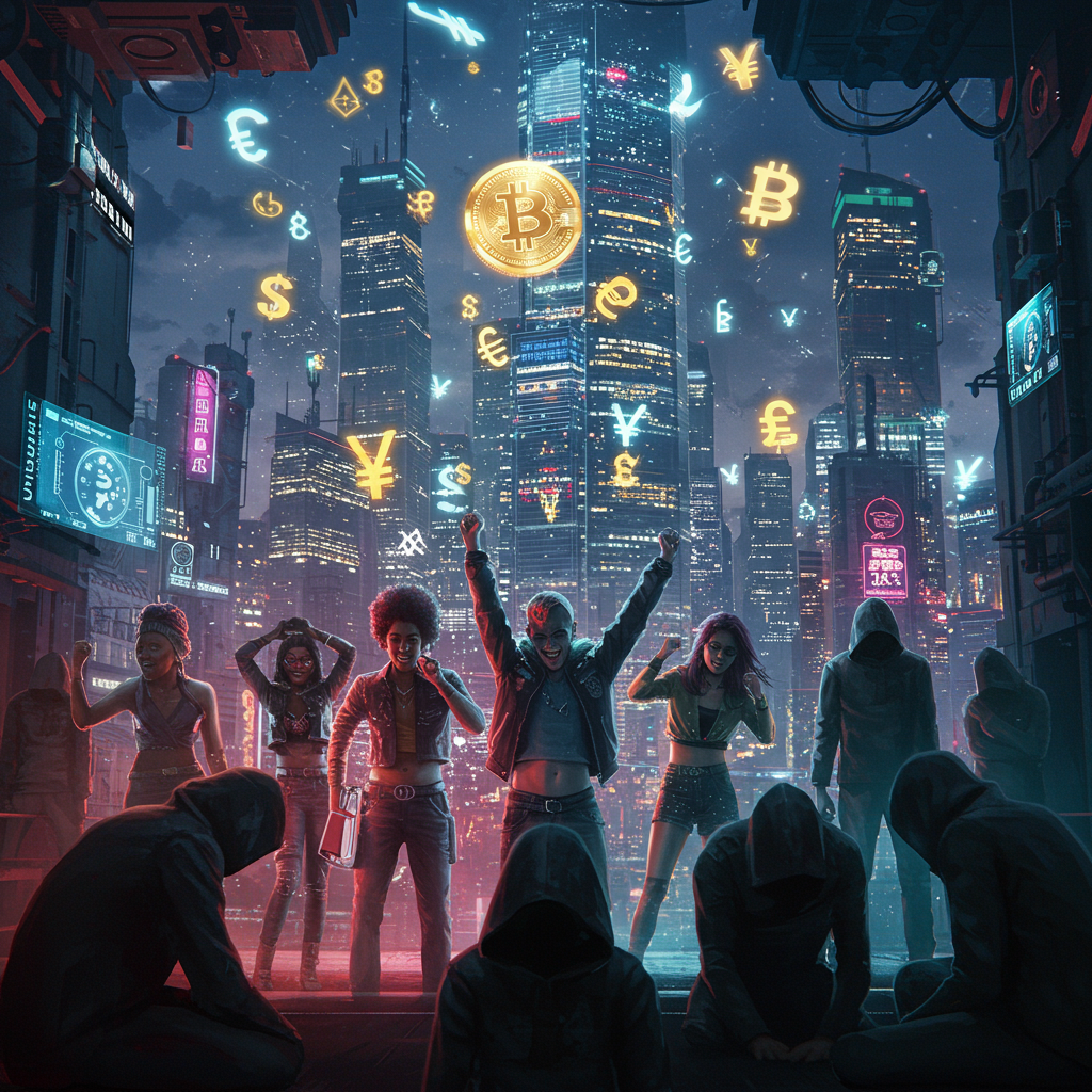 A futuristic city skyline with digital currency symbols in the sky, contrasting vibrant wi